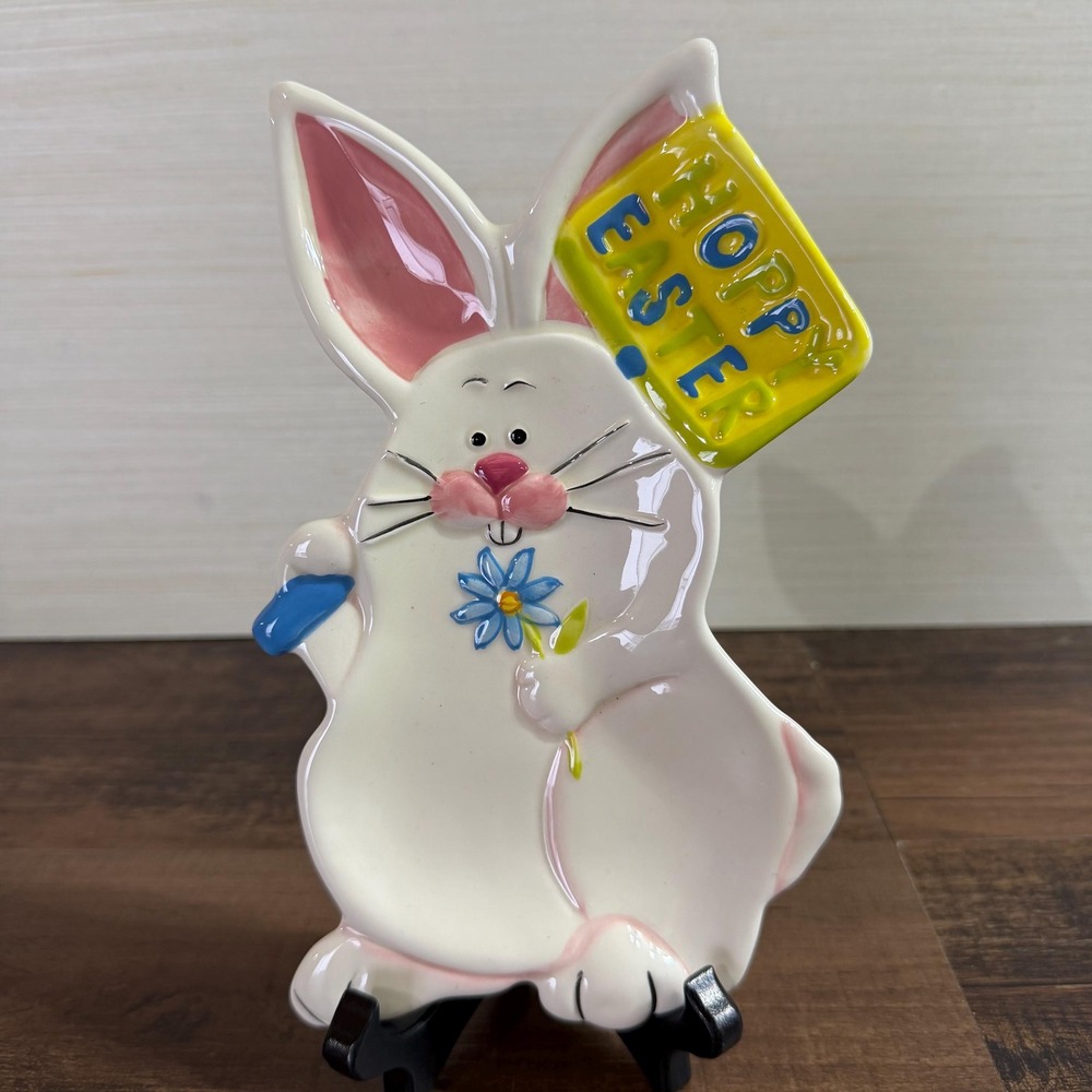 Vintage Easter Decor Spoon Rest Ceramic Bunny Rabbit Trinket Dish 1990s